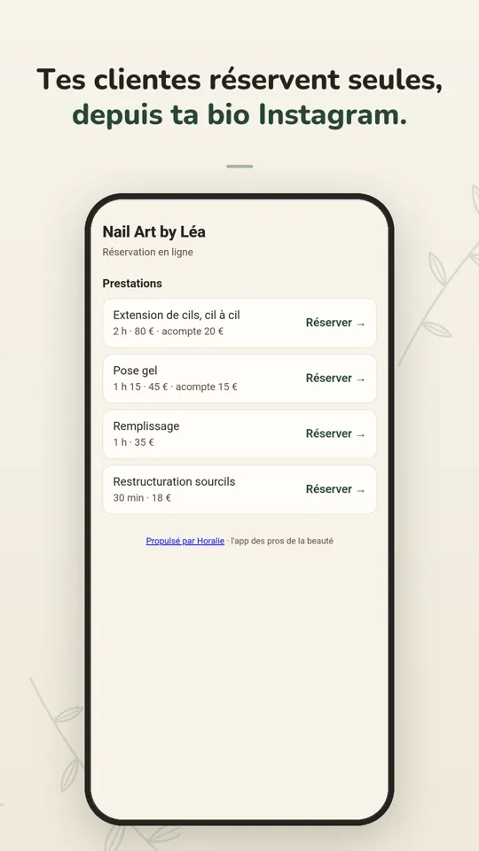 Page de réservation en ligne d'une prothésiste : prestations, durée, prix et acompte