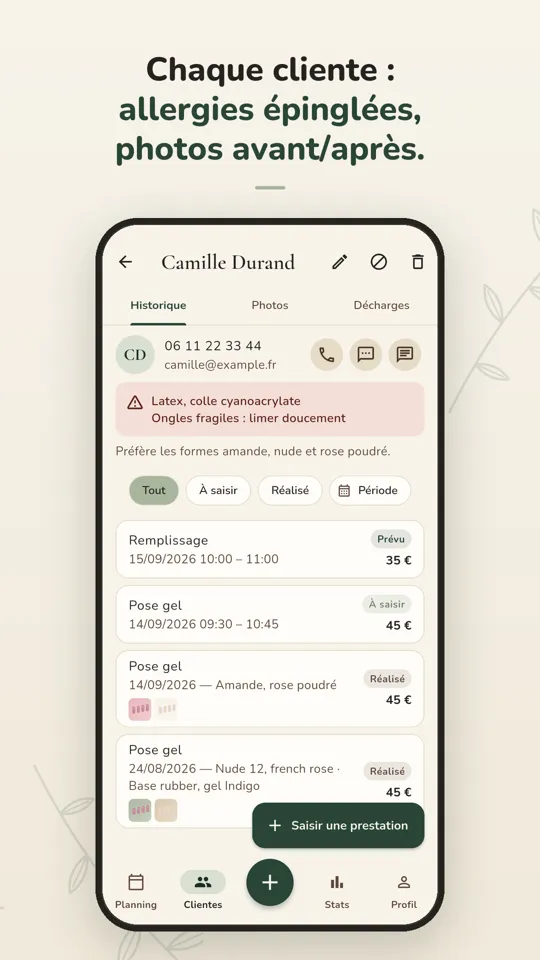 Fiche cliente avec allergies épinglées